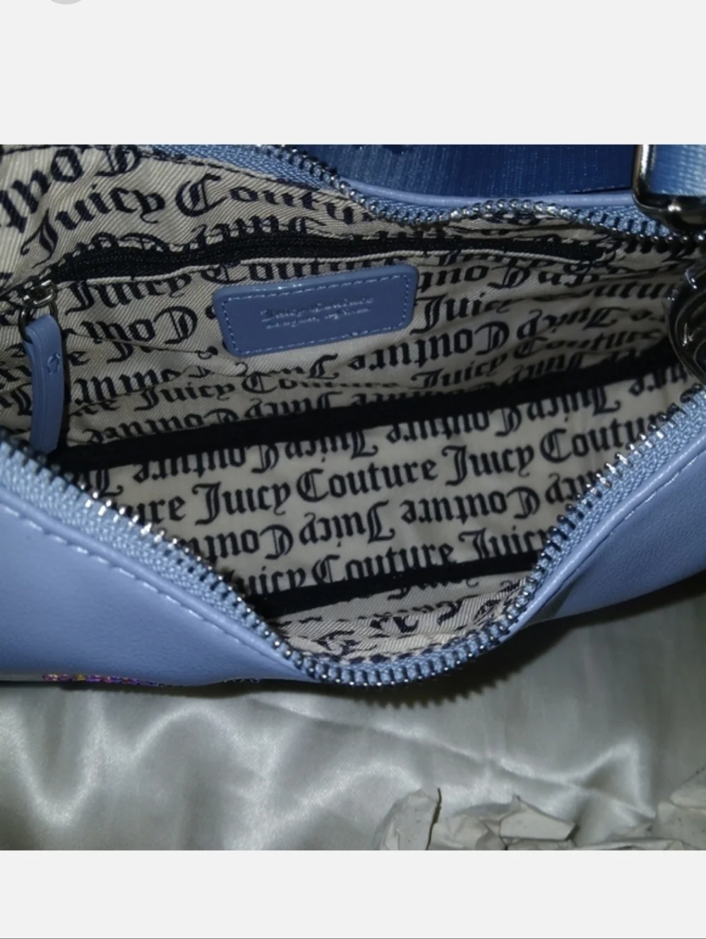 Juicy Couture Obsession Rhinestone Logo Crescent Crossbody Bag, Slate Blue